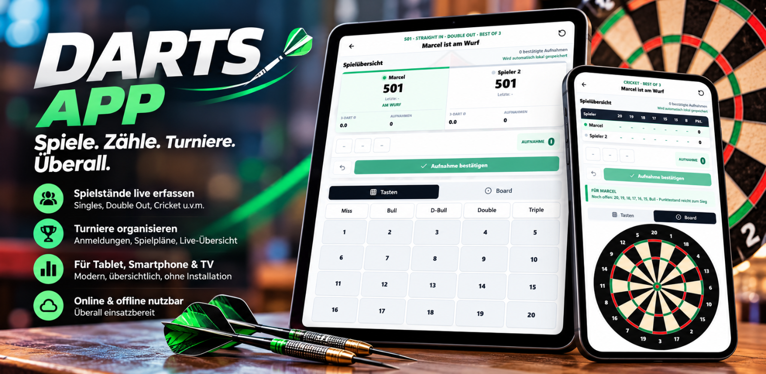 Darts App auf Tablet und Smartphone: Dart-Turniere organisieren und kostenlos Darts spielen